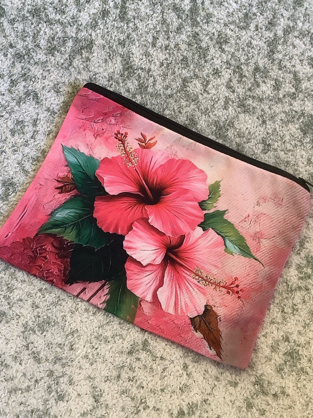 Hot Pink Tropical Floral Cosmetic Bag Canvas Pouch with Hibiscus Print NWT 10x7.